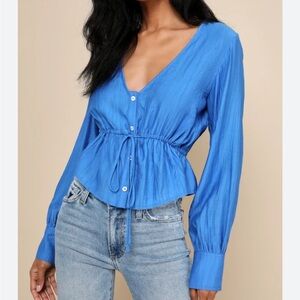 Lulu's Babydoll Vibrant Blue Long Sleeve Blouse Top Size XS Tie Front Button Up